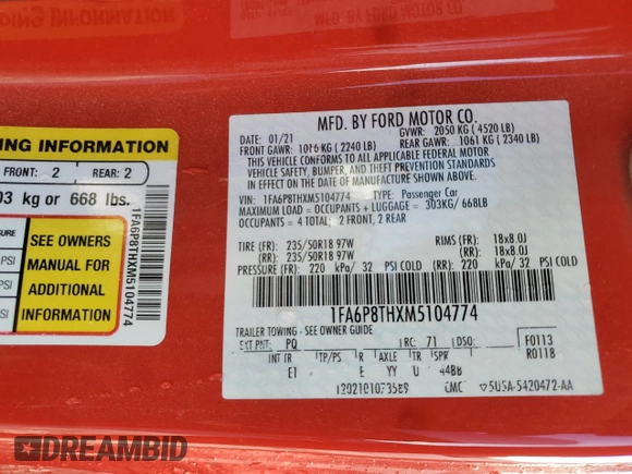 2021 Ford Mustang EcoBoost with VIN 1FA6P8THXM5104774, listed as a Copart auction lot 44900305 with 59,753 mi miles and Non repairable. Bid and sale history available at DreamBid. Image 12.