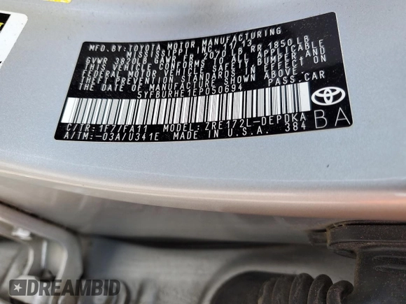 2014 Toyota Corolla L с VIN 5YFBURHE1EP050694, выставлен на аукционе Copart как лот 56353655 с пробегом 98 506 миль миль и Чистый • Clean title. История ставок и продаж доступна на DreamBid. Изображение 12.