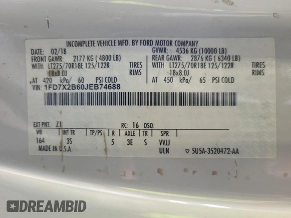 2018 Ford F-250 XL with VIN 1FD7X2B60JEB74688, listed as a IAAI auction lot 42610468 with 225,435 mi miles and . Bid and sale history available at DreamBid. Image 4.
