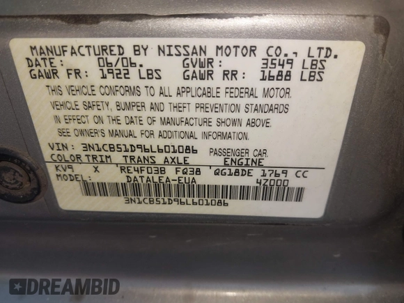 2006 Nissan Sentra S with VIN 3N1CB51D96L601086, listed as a IAAI auction lot 42059421 with 110,100 mi miles and . Bid and sale history available at DreamBid. Image 9.