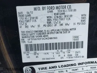 2012 Ford F-150 XL with VIN 1FTFW1EF3CKD99183, listed as a IAAI auction lot 41956441 with 98,506 mi miles. Bid and sale history available at carsss.com. Image 9.
