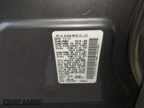 2012 Infiniti FX35 with VIN JN8AS1MW1CM152650, listed as a IAAI auction lot 41277543 with 1 mi miles. Bid and sale history available at carsss.com. Image 9.