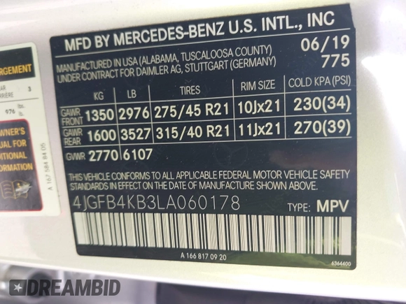 2020 Mercedes-Benz GLE 350 with VIN 4JGFB4KB3LA060178, listed as a IAAI auction lot 42264853 with 83,414 mi miles and . Bid and sale history available at DreamBid. Image 9.