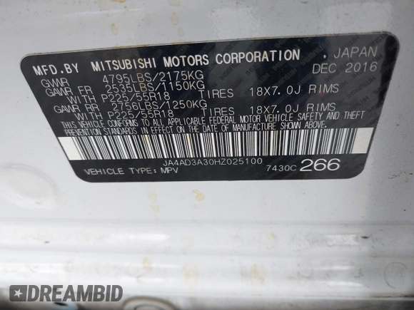 2017 Mitsubishi Outlander SE with VIN JA4AD3A30HZ025100, listed as a IAAI auction lot 42423429 with 205,827 mi miles and . Bid and sale history available at DreamBid. Image 9.
