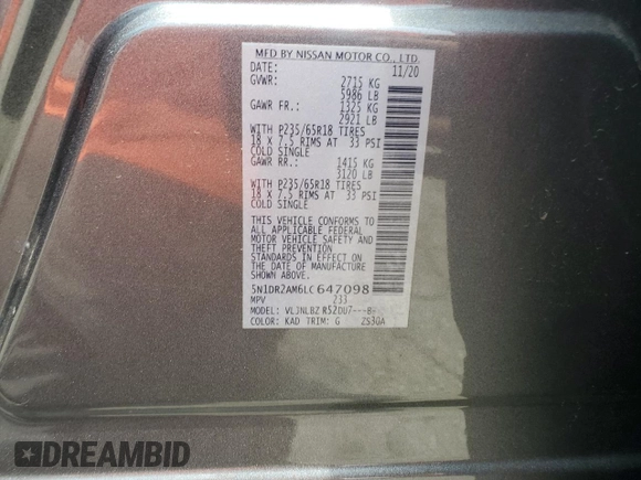 2020 Nissan Pathfinder S with VIN 5N1DR2AM6LC647098, listed as a Copart auction lot 57302505 with 51,325 mi miles and Salvage title. Bid and sale history available at DreamBid. Image 13.