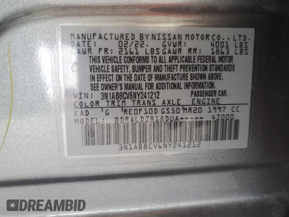 2022 Nissan Sentra SV with VIN 3N1AB8CV6NY241212, listed as a Copart auction lot 79895254 with 50,822 mi miles and Salvage Title. Bid and sale history available at carsss.com. Image 12.