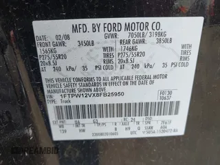 2008 Ford F-150 XLT with VIN 1FTPW12VX8FB25950, listed as a IAAI auction lot 41769407 with 203,269 mi miles and . Bid and sale history available at DreamBid. Image 9.