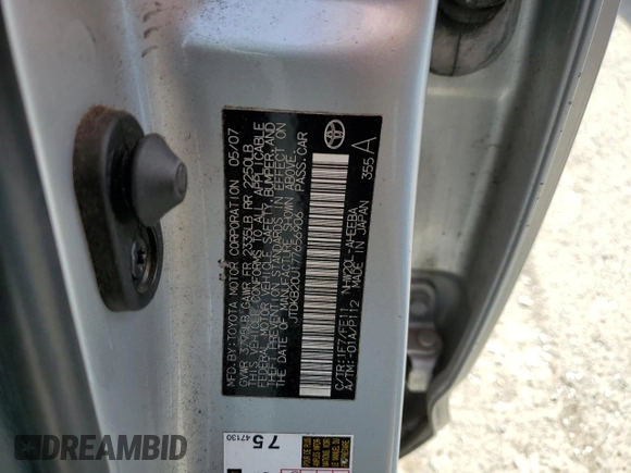 2007 Toyota Prius with VIN JTDKB20U177656906, listed as a Copart auction lot 55963525 with 142,515 mi miles and Clean Title. Bid and sale history available at DreamBid. Image 12.