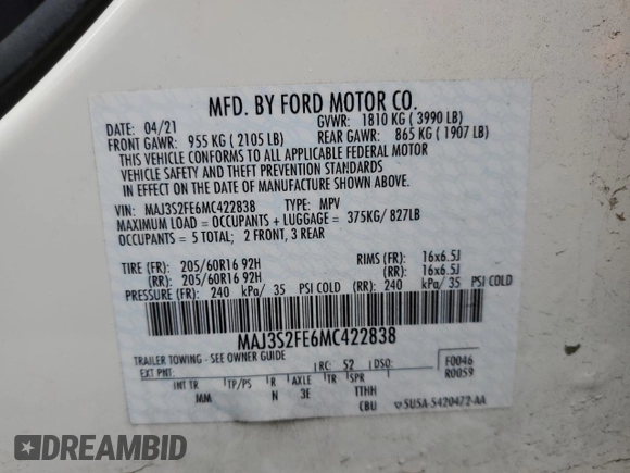 2021 Ford EcoSport S with VIN MAJ3S2FE6MC422838, listed as a Copart auction lot 43875045 with 18,820 mi miles and Salvage Title. Bid and sale history available at DreamBid. Image 15.
