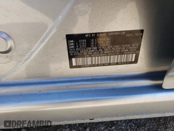 2020 Subaru Impreza z VIN 4S3GKAB69L3604276, wystawiony jako Copart lot #55630385 z przebiegiem 34 728 mil mil oraz Szkoda całkowita • Salvage title. Historia ofert i sprzedaży dostępna na DreamBid. Obrazek 13.