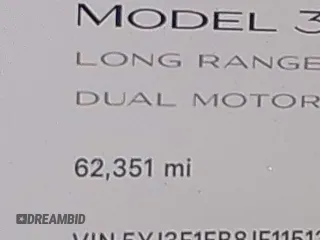 2018 Tesla Model 3 Long Range Battery with VIN 5YJ3E1EB8JF115138, listed as a IAAI auction lot 41343399 with 62,351 mi miles and . Bid and sale history available at DreamBid. Image 16.