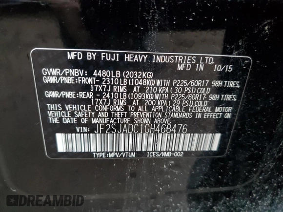 2016 Subaru Forester 2.5i Premium with VIN JF2SJADC1GH468476, listed as a Copart auction lot 86941564 with 208,190 mi miles and Clean Title. Bid and sale history available at carsss.com. Image 13.