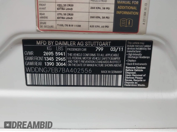 2011 Mercedes-Benz S 63 AMG with VIN WDDNG7EB7BA402556, listed as a IAAI auction lot 42097570 with 77,145 mi miles and . Bid and sale history available at DreamBid. Image 9.