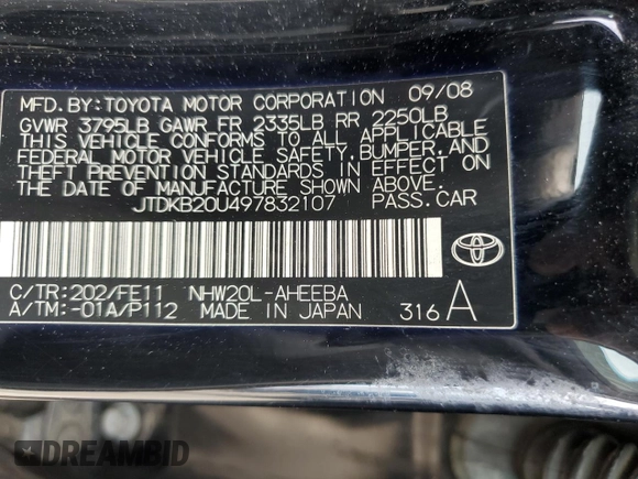 2009 Toyota Prius with VIN JTDKB20U497832107, listed as a Copart auction lot 49271295 with 276,433 mi miles and Salvage Title. Bid and sale history available at carsss.com. Image 13.