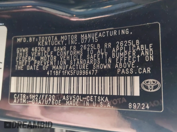 2015 Toyota Camry XLE with VIN 4T1BF1FK5FU996477, listed as a IAAI auction lot 42051830 with 102,226 mi miles. Bid and sale history available at carsss.com. Image 9.