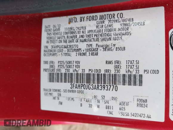 2010 Ford Fusion SEL with VIN 3FAHP0JG3AR393770, listed as a IAAI auction lot 42043987 with 150,335 mi miles and . Bid and sale history available at DreamBid. Image 9.