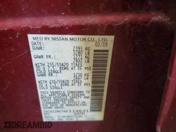 2019 Nissan Murano SL with VIN 5N1AZ2MS7KN114631, listed as a Copart auction lot 49160535 with 96,360 mi miles and Salvage Title. Bid and sale history available at DreamBid. Image 15.