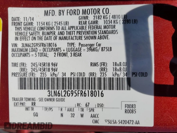 2015 Lincoln MKZ with VIN 3LN6L2G95FR618016, listed as a Copart auction lot 62378435 with 52,405 mi miles and Salvage title. Bid and sale history available at DreamBid. Image 13.