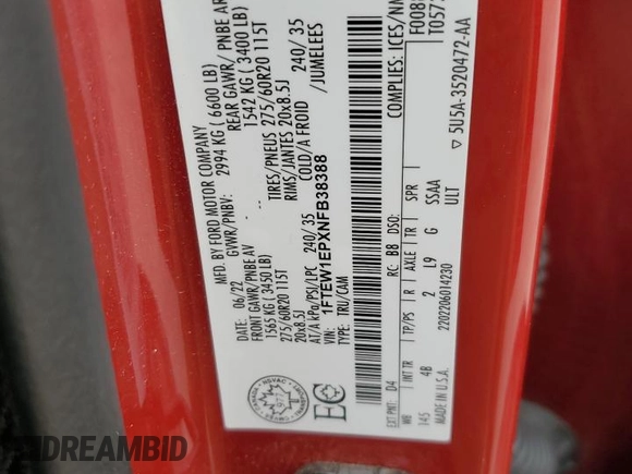 2022 Ford F-150 XL with VIN 1FTEW1EPXNFB38388, listed as a Copart auction lot 47399625 with 83,579 mi miles and Non repairable. Bid and sale history available at DreamBid. Image 13.