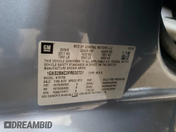 2015 GMC Yukon SLT z VIN 1GKS2BKC0FR630731, wystawiony jako Copart lot #55359445 z przebiegiem Nie podano mil oraz Szkoda całkowita • Salvage title. Historia ofert i sprzedaży dostępna na DreamBid. Obrazek 13.