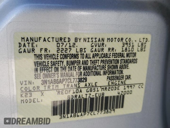2012 Nissan Sentra S with VIN 3N1AB6AP7CL773829, listed as a Copart auction lot 54750015 with 155,539 mi miles and Clean Title. Bid and sale history available at DreamBid. Image 12.
