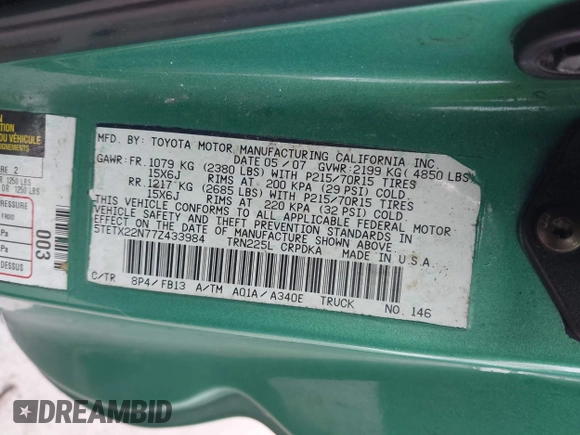 2007 Toyota Tacoma with VIN 5TETX22N77Z433984, listed as a IAAI auction lot 41551603 with 124,658 mi miles and . Bid and sale history available at DreamBid. Image 9.