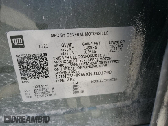 2022 Chevrolet Traverse LT z VIN 1GNEVHKWXNJ101790, wystawiony jako Copart lot #67332944 z przebiegiem 69 348 mil mil oraz Szkoda całkowita • Salvage title. Historia ofert i sprzedaży dostępna na DreamBid. Obrazek 13.