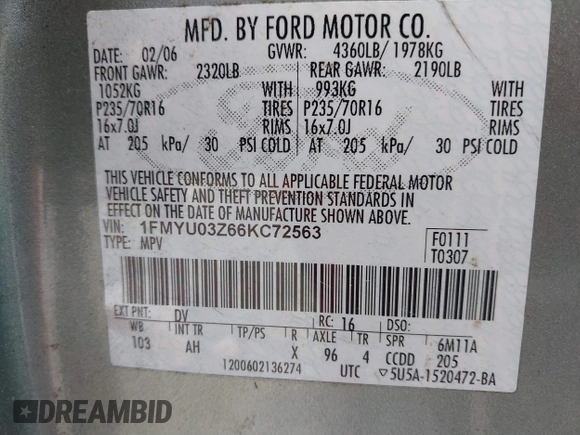 2006 Ford Escape XLT with VIN 1FMYU03Z66KC72563, listed as a IAAI auction lot 41204974 with 249,149 mi miles. Bid and sale history available at carsss.com. Image 9.