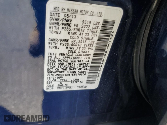 2014 Infiniti QX70 with VIN JN8CS1MW1EM410600, listed as a Copart auction lot 54410295 with 116,985 mi miles and Salvage Title. Bid and sale history available at carsss.com. Image 13.