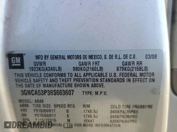 2008 Chevrolet HHR LT with VIN 3GNCA53P38S663607, listed as a Copart auction lot 45787245 with 149,198 mi miles and Salvage Title. Bid and sale history available at DreamBid. Image 13.