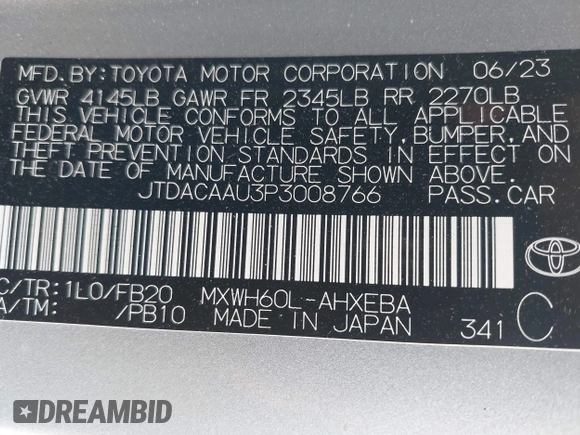 2023 Toyota Prius LE with VIN JTDACAAU3P3008766, listed as a IAAI auction lot 39218184 with 9,050 mi miles and . Bid and sale history available at carsss.com. Image 9.