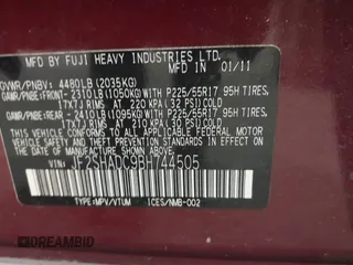 2011 Subaru Forester 2.5X Premium with VIN JF2SHADC9BH744505, listed as a IAAI auction lot 41071780 with 145,725 mi miles. Bid and sale history available at carsss.com. Image 9.