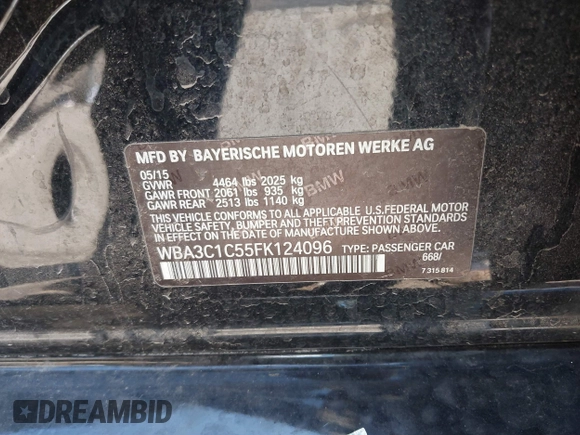 2015 BMW 3 Series 328i with VIN WBA3C1C55FK124096, listed as a IAAI auction lot 40127884 with Not Provided miles and . Bid and sale history available at carsss.com. Image 9.