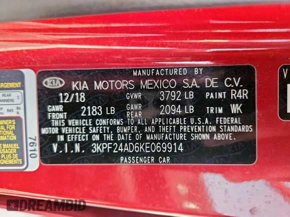 2019 Kia Forte LXS с VIN 3KPF24AD6KE069914, выставлен на аукционе Copart как лот 56352595 с пробегом 80 743 миль миль и Чистый • Clean title. История ставок и продаж доступна на DreamBid. Изображение 12.