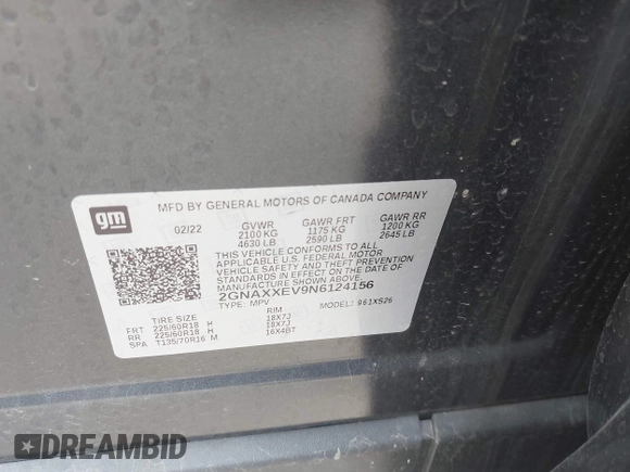 2022 Chevrolet Equinox Premier z VIN 2GNAXXEV9N6124156, wystawiony jako IAAI lot #42015711 z przebiegiem 65 808 mil mil oraz . Historia ofert i sprzedaży dostępna na DreamBid. Obrazek 9.