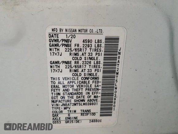 2020 Nissan Rogue S z VIN JN8AT2MT5LW039801, wystawiony jako Copart lot #60525875 z przebiegiem 92 095 mil mil oraz Czysty tytuł • Clean title. Historia ofert i sprzedaży dostępna na DreamBid. Obrazek 12.