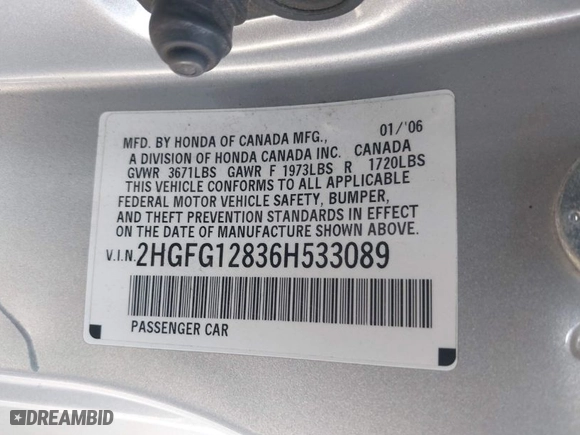 2006 Honda Civic Cpe EX with VIN 2HGFG12836H533089, listed as a IAAI auction lot 41969012 with 254,991 mi miles. Bid and sale history available at carsss.com. Image 9.