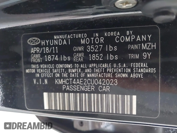 2012 Hyundai Accent GLS with VIN KMHCT4AE2CU042023, listed as a IAAI auction lot 42834849 with 139,524 mi miles and . Bid and sale history available at DreamBid. Image 9.