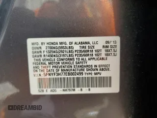 2014 Honda Pilot EX-L with VIN 5FNYF3H77EB002499, listed as a Copart auction lot 67306374 with Not Provided miles and Salvage Title. Bid and sale history available at DreamBid. Image 13.