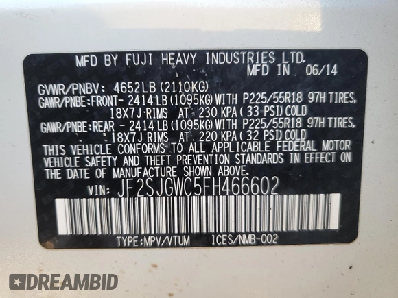 2015 Subaru Forester XT Touring with VIN JF2SJGWC5FH466602, listed as a Copart auction lot 76706254 with 174,980 mi miles and Salvage title. Bid and sale history available at DreamBid. Image 15.