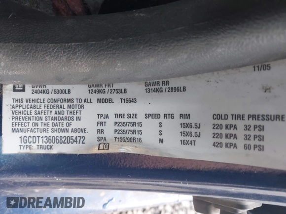 2006 Chevrolet Colorado 3LT with VIN 1GCDT136068205472, listed as a IAAI auction lot 42249513 with 292,156 mi miles and . Bid and sale history available at DreamBid. Image 9.