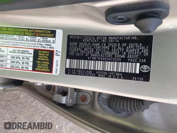 2014 Toyota Camry L with VIN 4T1BF1FKXEU472224, listed as a IAAI auction lot 41922829 with 93,787 mi miles. Bid and sale history available at carsss.com. Image 9.