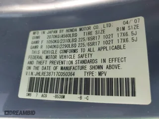 2007 Honda CR-V EX-L with VIN JHLRE38717C050364, listed as a IAAI auction lot 41871811 with 147,774 mi miles. Bid and sale history available at carsss.com. Image 9.