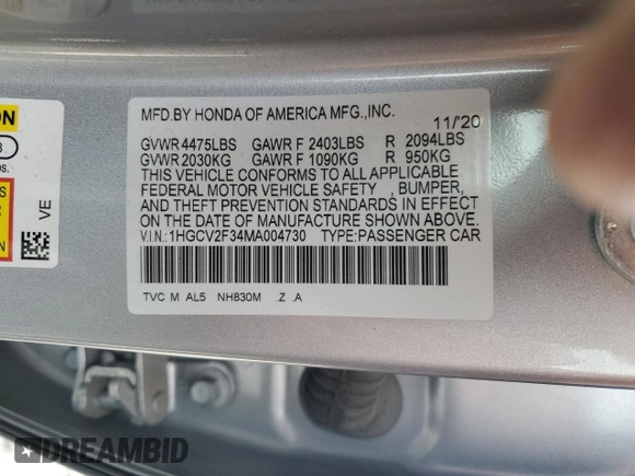 2021 Honda Accord Sport with VIN 1HGCV2F34MA004730, listed as a Copart auction lot 54352655 with 44,412 mi miles and Salvage title. Bid and sale history available at DreamBid. Image 12.