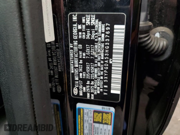 2017 Kia Sorento LX with VIN 5XYPGDA53HG337697, listed as a Copart auction lot 60489985 with 67,074 mi miles and Salvage title. Bid and sale history available at DreamBid. Image 14.