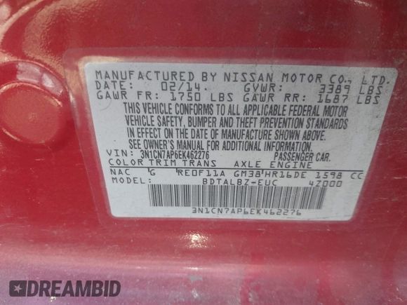 2014 Nissan Versa SV with VIN 3N1CN7AP6EK462276, listed as a IAAI auction lot 41533459 with 138,719 mi miles. Bid and sale history available at carsss.com. Image 9.