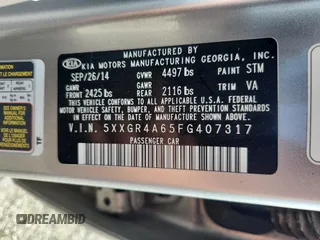 2015 Kia Optima SX Turbo with VIN 5XXGR4A65FG407317, listed as a Copart auction lot 62921025 with 68,501 mi miles and Clean title. Bid and sale history available at DreamBid. Image 12.
