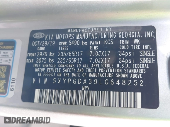 2020 Kia Sorento LX with VIN 5XYPGDA39LG648252, listed as a IAAI auction lot 41415625 with 56,330 mi miles. Bid and sale history available at carsss.com. Image 9.