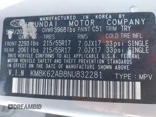 2022 Hyundai Kona SEL with VIN KM8K62AB8NU832281, listed as a IAAI auction lot 40632207 with 70,885 mi miles and . Bid and sale history available at DreamBid. Image 9.