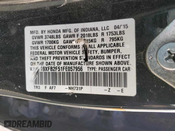 2015 Honda Civic Sedan LX with VIN 19XFB2F51FE057956, listed as a Copart auction lot 49151465 with 215,728 mi miles and Salvage Title. Bid and sale history available at carsss.com. Image 13.